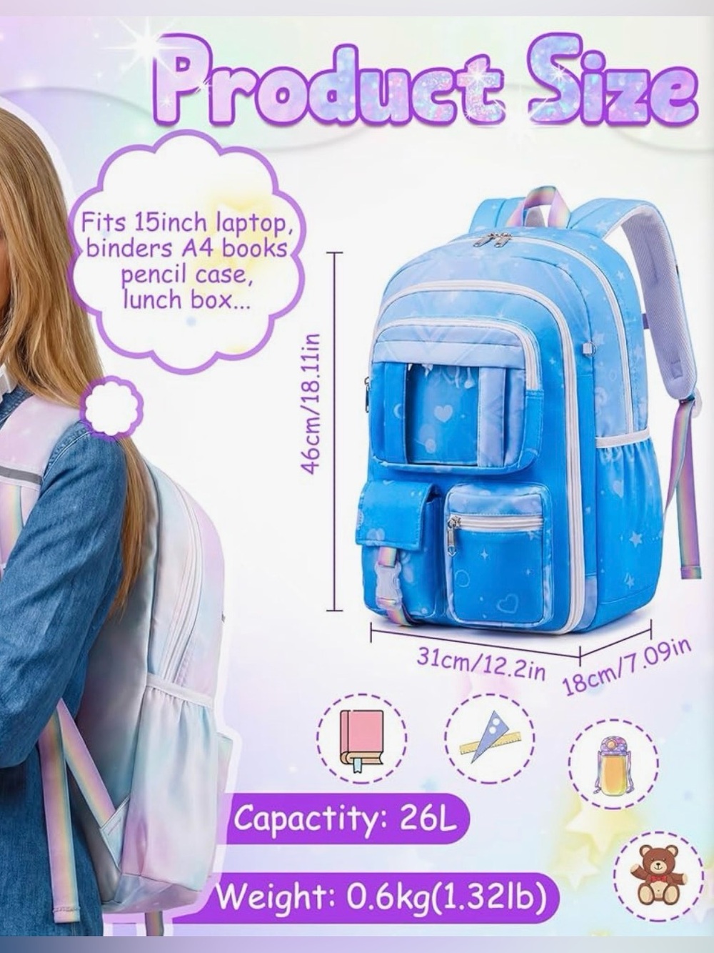 Kids Gradient Rainbow Backpack PICK ONE - Picture 2 of 4